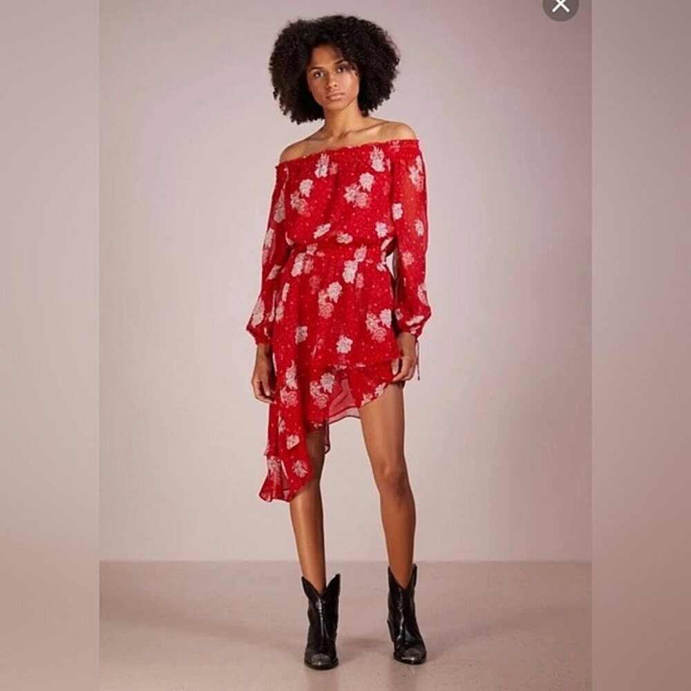 The Kooples Floral Off-The-Shoulder Asymmetric Silk Dress Sz S Bohemian Festival